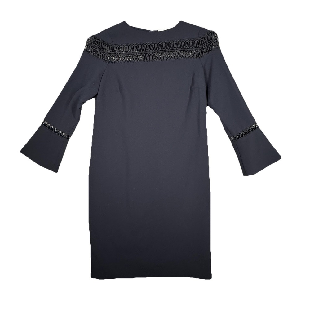 Etcetera Dress Women 0 Navy Blue Open Knit Trim Office Preppy Neutral Minimalist